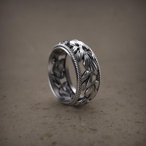 Silver Leaf Ring Band, Woodland Ring, Artisan Vine Pattern Textured Ring, Antique Style Rustic Nature Jewelry, Custom Floral Filigree