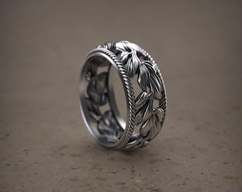 Silver Leaf Ring Band, Woodland Ring, Artisan Vine Pattern Textured Ring, Antique Style Rustic Nature Jewelry, Custom Floral Filigree
