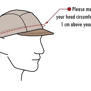 May include: Illustration of a tan cap with a brown brim, worn on a person's head. Text reads: "Please measure your head circumference 1 cm above your ears."
