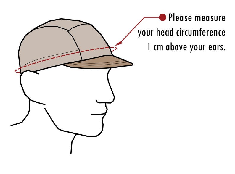 May include: Illustration of a tan cap with a brown brim, worn on a person's head. Text reads: "Please measure your head circumference 1 cm above your ears."