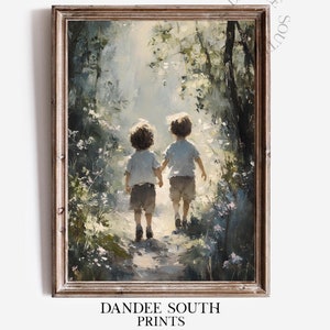Vintage Boys Printable Art, Gift for Mom Digital Art, Boys Room Decor, Brothers Walking on Country Path With Wildflowers Wall Art, 073