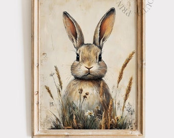 Vintage Bunny Printable Wall Art Painting, Country Farmhouse Digital Art, Rustic Spring Rabbit Decor, Vintage Easter Wall Art Printable, 049