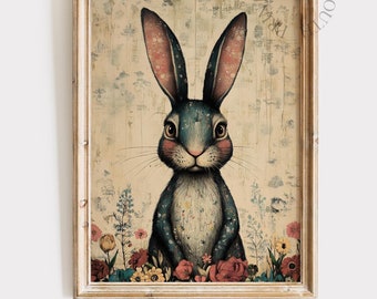 Vintage Bunny Printable Wall Art Painting, Country Farmhouse Digital Art, Whimsical Rabbit Decor, Rustic Easter Wall Art Printable, 050