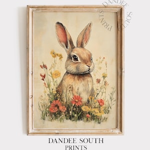 Vintage Bunny Printable Wall Art Painting, Country Farmhouse Digital Art, Rustic Spring Rabbit Decor, Vintage Easter Wall Art Printable, 048