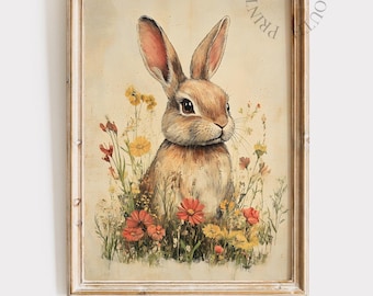 Vintage Bunny Printable Wall Art Painting, Country Farmhouse Digital Art, Rustic Spring Rabbit Decor, Vintage Easter Wall Art Printable, 048