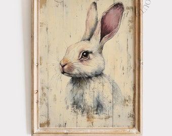 Vintage Bunny Printable Wall Art Painting, Country Farmhouse Digital Art, Rustic Spring Rabbit Decor, Vintage Easter Wall Art Printable, 051