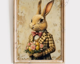 Vintage Bunny Printable Wall Art Painting, Country Farmhouse Digital Art, Rustic Spring Rabbit Decor, Whimsical Easter Art Printable, 053