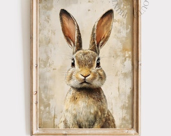 Vintage Bunny Printable Wall Art Painting, Country Farmhouse Digital Art, Rustic Spring Rabbit Decor, Vintage Easter Wall Art Printable, 052