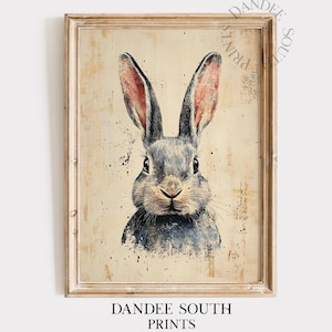 Vintage Bunny Printable Wall Art Painting, Country Farmhouse Digital Art, Rustic Spring Rabbit Decor, Vintage Easter Wall Art Printable, 047