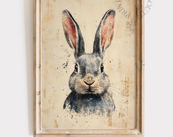 Vintage Bunny Printable Wall Art Painting, Country Farmhouse Digital Art, Rustic Spring Rabbit Decor, Vintage Easter Wall Art Printable, 047