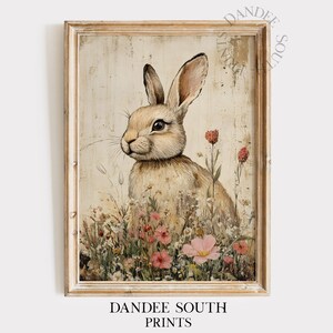 Vintage Bunny Printable Wall Art Painting, Country Farmhouse Digital Art, Rustic Spring Rabbit Decor, Vintage Easter Wall Art Printable, 044