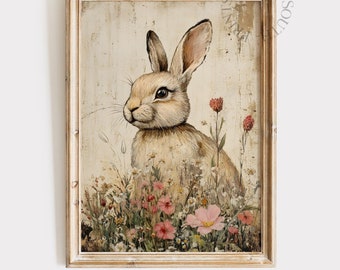 Vintage Bunny Printable Wall Art Painting, Country Farmhouse Digital Art, Rustic Spring Rabbit Decor, Vintage Easter Wall Art Printable, 044