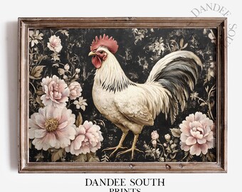 Arte de pared digital de gallo vintage, arte de pared de pollo floral imprimible, impresión de gallo, decoración de casa de campo francesa, arte de pared digital, 123
