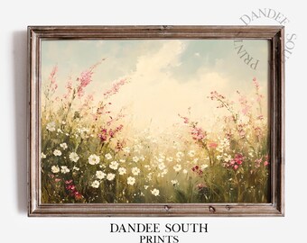 ピンクと白の野花のデジタルウォールアート、印刷可能な花柄ウォール