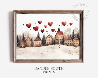 Valentine Village Printable Wall Art, Vintage Valentine Digital Art, Winter Town Digital Art, Romantic Red Hearts, Digital Download, 840