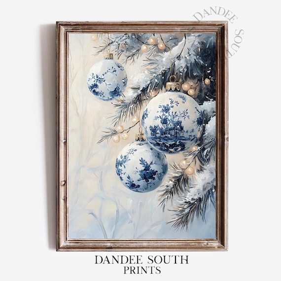 Blue Toile Christmas Digital Wall Art PRINTABLE, Christmas Ornaments Print, Chinoiserie Toile Christmas Decor, Holiday Digital Wall Art, 721