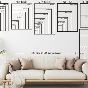 May include: A wall display showcasing various print sizes and ratios, including 3:4, 4:5, 2:3, A1-A5, 11:14, and 5:7. The image includes measurements in inches, with a sofa in the foreground. The sofa size is 90 inches (229cm).