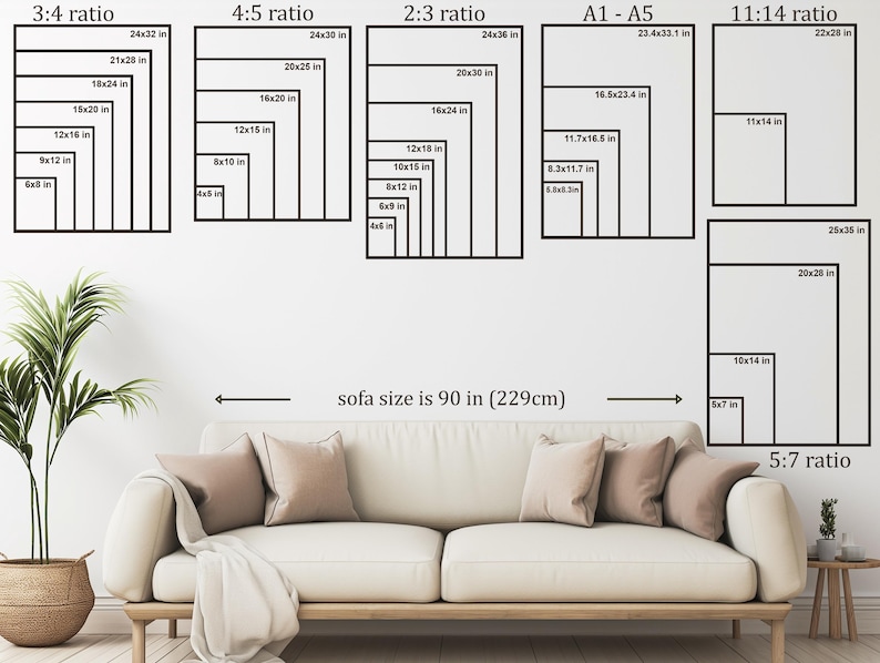 May include: A wall display showcasing various print sizes and ratios, including 3:4, 4:5, 2:3, A1-A5, 11:14, and 5:7. The image includes measurements in inches, with a sofa in the foreground. The sofa size is 90 inches (229cm).