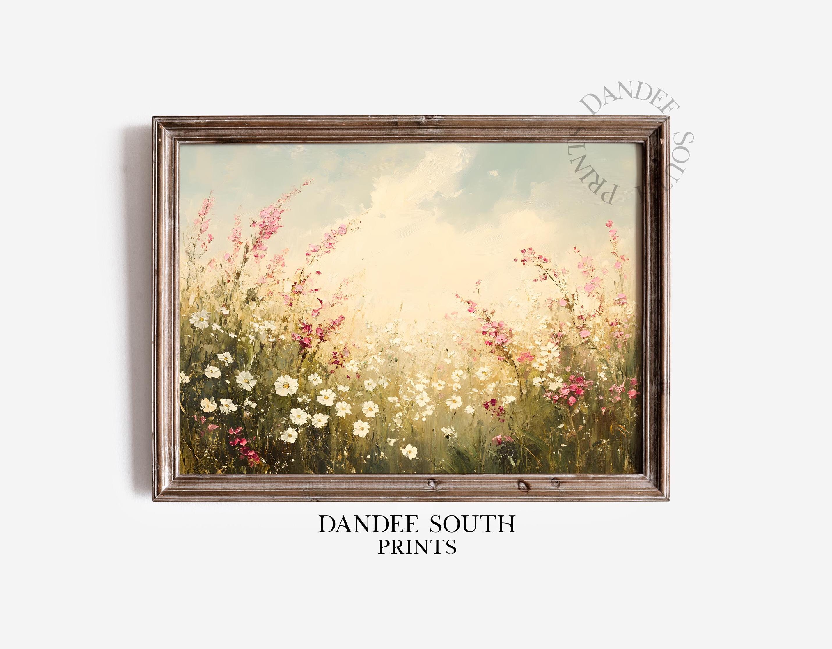 ピンクと白の野花のデジタルウォールアート、印刷可能な花柄ウォール