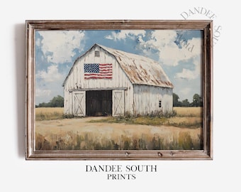 Patriotic Barn Digital Wall Art, American Flag Barn Landscape Printable, Rustic Farmhouse Wall Decor, Vintage July 4th Home Decor, 539