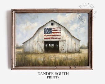 Patriotic Barn Digital Wall Art, American Flag Barn Landscape Printable, Rustic Farmhouse Wall Decor, Vintage July 4th Home Decor, 536