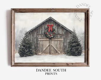 Christmas Barn Wall Art PRINTABLE, Snowy Winter Barn Landscape Digital Art, Vintage Farmhouse Christmas Decor, Rustic Holiday Print, 679