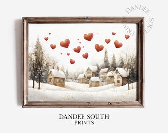 Valentine Village Printable Wall Art, Vintage Valentine Digital Art, Winter Town Digital Art, Romantic Red Hearts, Digital Download, 842