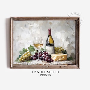 Vintage Wine Wall Art Printable, Kitchen Still Life, Bar Wall Art, Bar Cart Decor, Wine & Cheese Digital Oil Painting, Digital Wall Art, 360