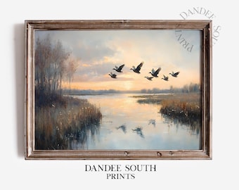 Arte mural imprimible de patos silvestres, pintura al óleo de paisaje de lago, impresión rústica, impresión digital de naturaleza y vida silvestre, 272