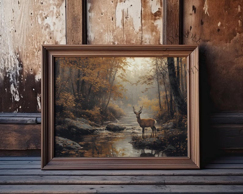 Autumn Deer Wall Art Printable, Vintage Fall Landscape Digital Wall Art ...