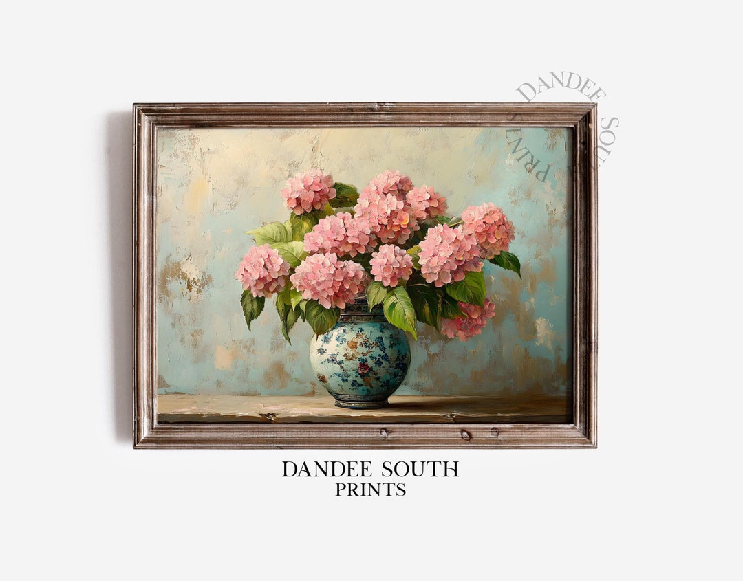 Pink Hydrangea Oil Painting Printable Wall Art, Floral Digital Art ...