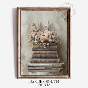 Floral Books Printable Wall Art, Book Lover Print, Stack of Books Digital Wall Art, Library Decor, Trendy Wall Art, Reading Nook Decor, 400