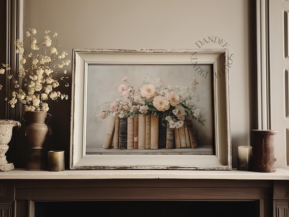 Floral Books Printable Wall Art, Book Lover Print, Stack of Books