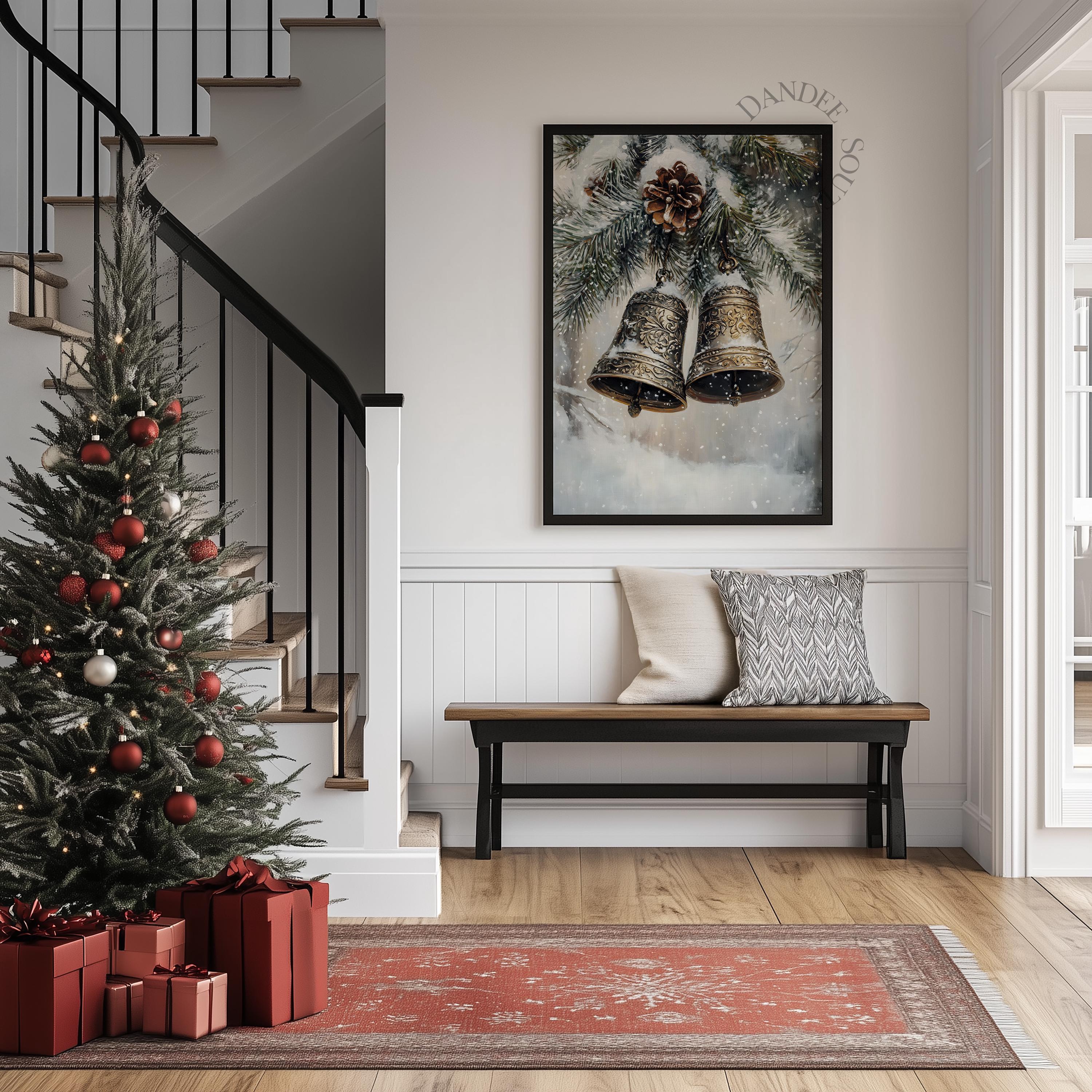 Vintage Christmas Jingle Bells Canvas Wall Art – Winter Holiday Decor, Unframed Poster 12x16 Inches