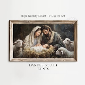 Könnte beinhalten: Ein gerahmter digitaler Kunstdruck, der eine religiöse Szene darstellt. Das Bild zeigt ein Baby in einer Krippe, umgeben von Maria, Josef und Schafen. Der Text "High-Quality Smart TV Digital Art" und "DANDEE SOUTH PRINTS" sind sichtbar.