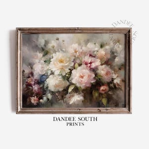 May include: A framed floral print featuring a bouquet of peonies in shades of white, pink, and peach. The artwork has a vintage aesthetic with soft brushstrokes and a muted color palette. The frame is a warm, neutral tone.