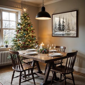 May include: A dining room scene with a decorated Christmas tree, a wooden table set for a meal, and a framed landscape painting. The tree is adorned with colorful ornaments and lights. A lit candle and wine glasses are on the table.
