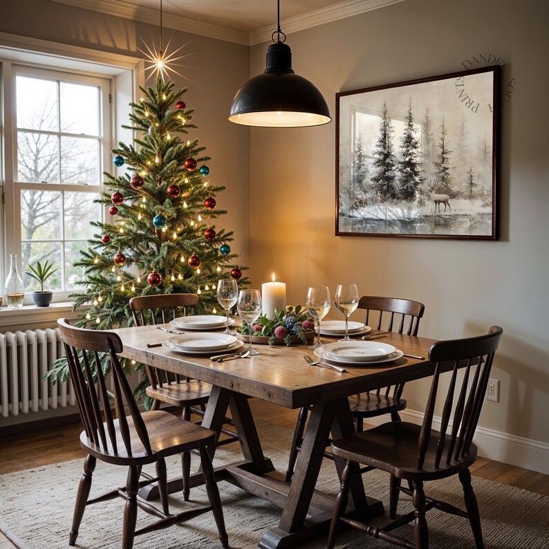May include: A dining room scene with a decorated Christmas tree, a wooden table set for a meal, and a framed landscape painting. The tree is adorned with colorful ornaments and lights. A lit candle and wine glasses are on the table.