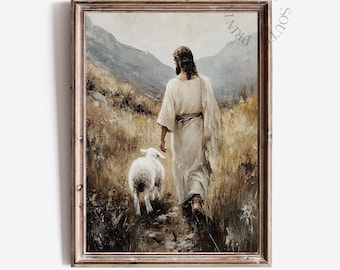 Christian Wall Art PRINTABLE, Jesus and the Lost Sheep Digital Wall Art, Jesus leaves the 99 Digital Painting, Religious Artwork, 796