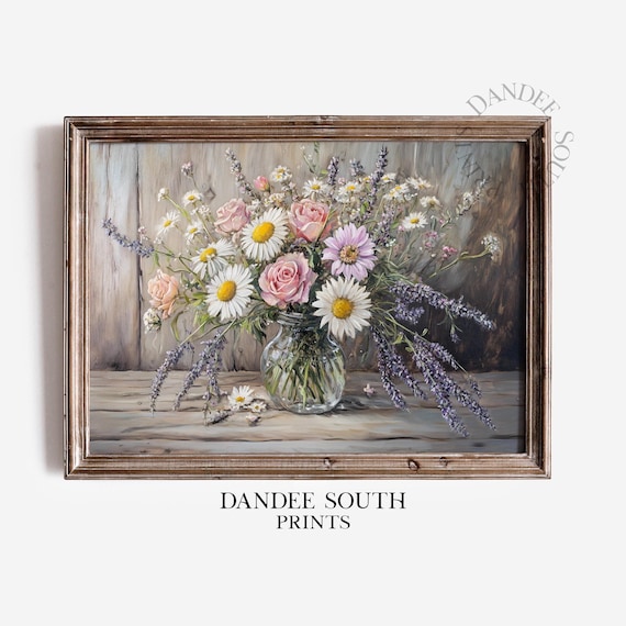 押し花額　Eternal Flower Artwork Vase of Flowers Printable Wall Art, Floral Digital Art, Rustic