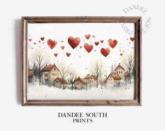 Valentine Village Printable Wall Art, Vintage Valentine Digital Art, Winter Town Digital Art, Romantic Red Hearts, Digital Download, 839