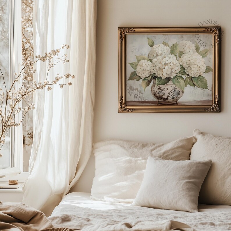 White Hydrangea Oil Painting Printable Wall Art, Floral Digital Art ...