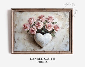Valentine Wall Art Printable, Pink Roses Digital Wall Art, Vintage French Country Floral Wall Decor, Shabby Chic Farmhouse Decor, 861