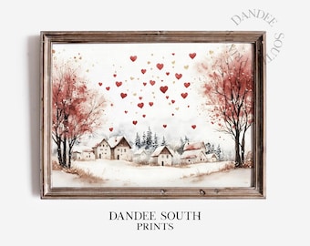 Valentine Village Printable Wall Art, Vintage Valentine Digital Art, Winter Town Digital Art, Romantic Red Hearts, Digital Download, 841