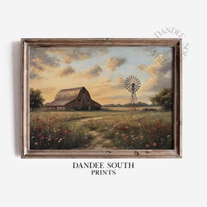 May include: A painting of a red barn with a windmill in a field of wildflowers. The sky is a soft blue with clouds. The barn is in the foreground and the windmill is in the background. The painting is framed in a brown wooden frame.