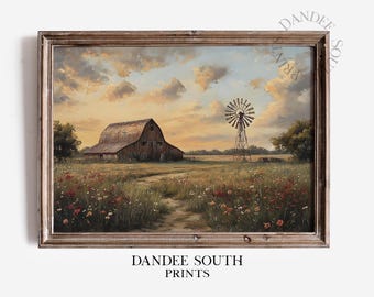 May include: A painting of a red barn with a windmill in a field of wildflowers. The sky is a soft blue with clouds. The barn is in the foreground and the windmill is in the background. The painting is framed in a brown wooden frame.