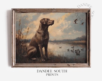 Hunting Dog Printable Wall Art, Mallard Ducks Oil Painting Wall Art Printable, Chocolate Labrador, Nature & Wildlife Digital Art Print, 607