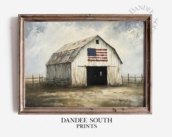 Patriotic Barn Digital Wall Art, American Flag Barn Landscape Printable, Rustic Farmhouse Wall Decor, Vintage July 4th Home Decor, 537