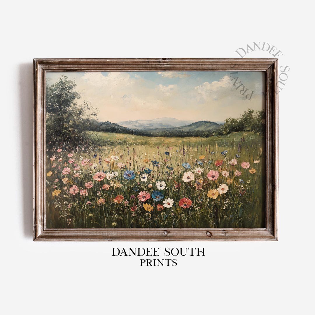 Wildflower Landscape Printable Wall Art, Vintage Spring Meadow Digital ...