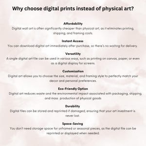 Puede incluir: Una infograf&iacute;a basada en texto que explica los beneficios de elegir impresiones digitales en lugar de arte f&iacute;sico. La infograf&iacute;a enumera las ventajas del arte digital, que incluyen la asequibilidad, el acceso instant&aacute;neo, la versatilidad, la personalizaci&oacute;n, la ecolog&iacute;a, la durabilidad y el ahorro de espacio.